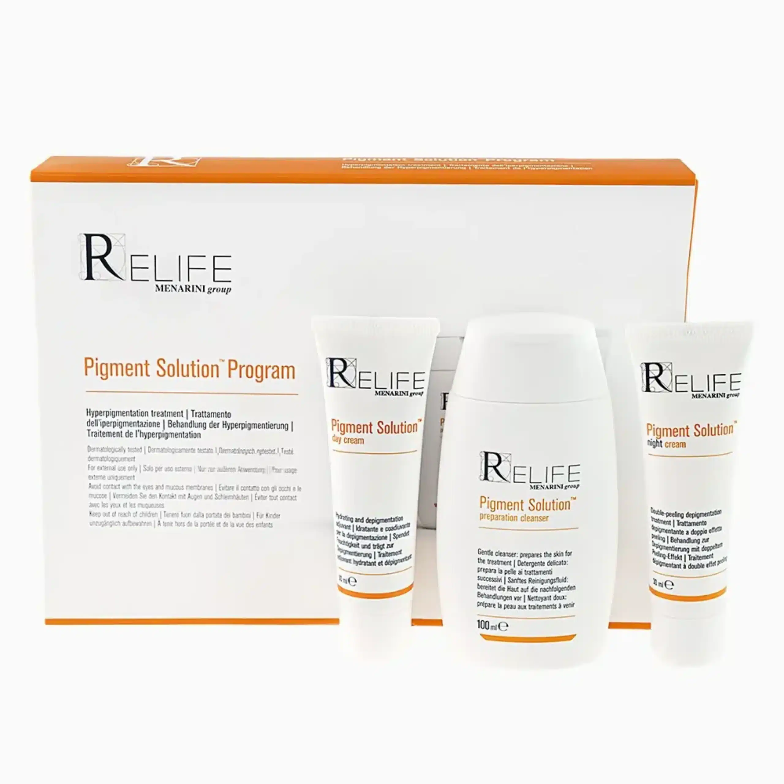 Programme Pigment Solution Relife avec nettoyant, crème de jour et crème de nuit pour uniformiser le teint et réduire l’hyperpigmentation.
