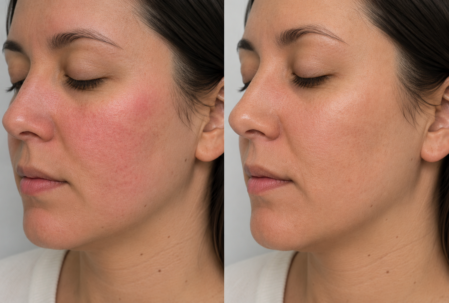 Avant et après traitement de la couperose au laser vasculaire : rougeur diffuse de la joue et de l'aile du nez avant traitement, teint uniformisé après