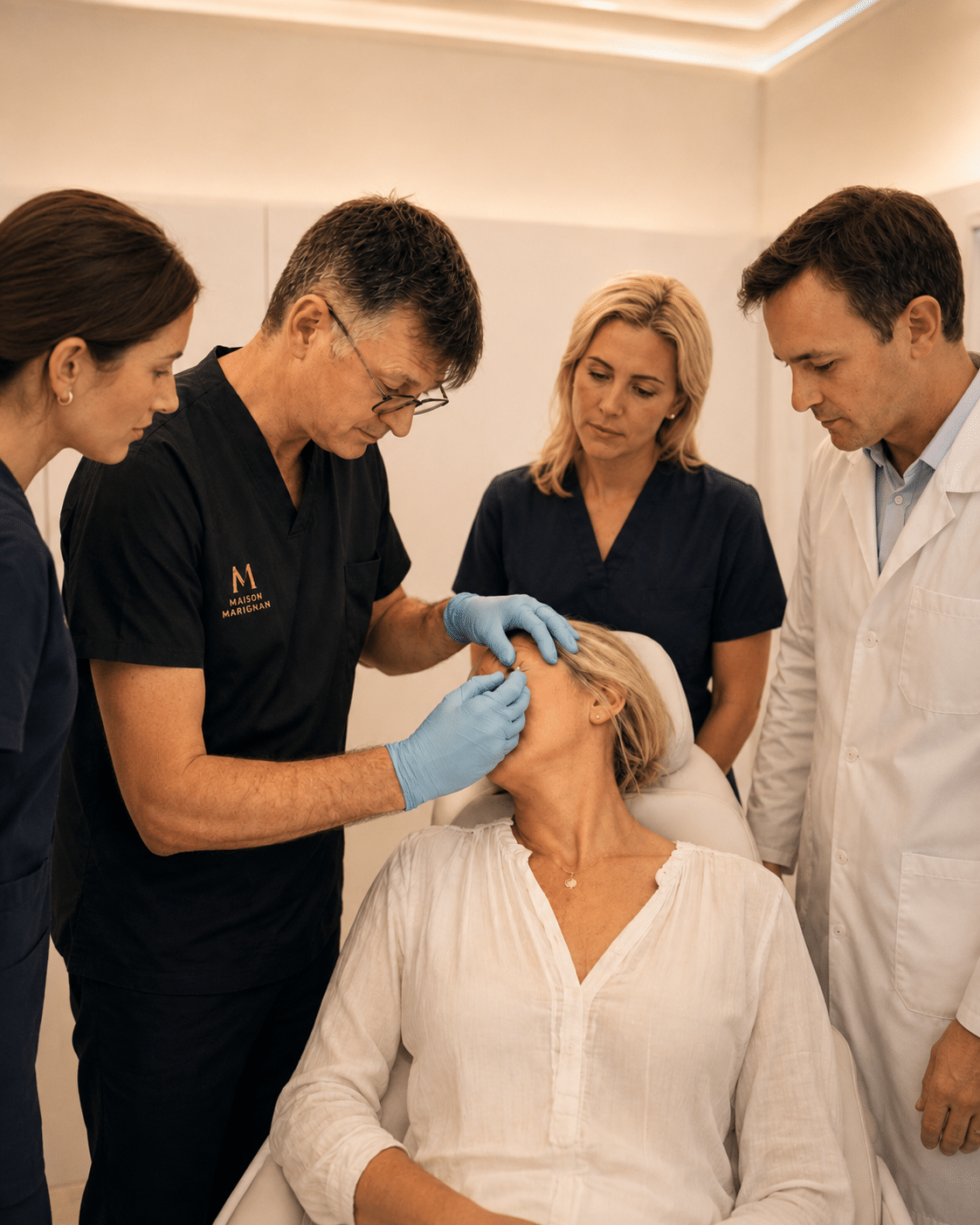 Dr Bellecour supervisant une injection d'acide hyaluronique sur modèle vivant — atelier en groupe, Maison Marignan Paris